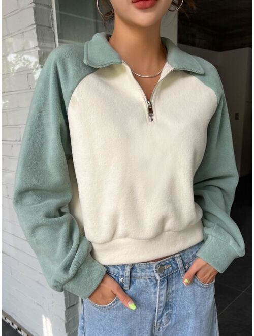 DAZY Two Tone Raglan Sleeve Half Zipper Fleece Pullover