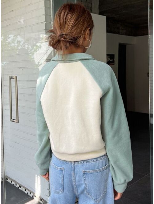DAZY Two Tone Raglan Sleeve Half Zipper Fleece Pullover