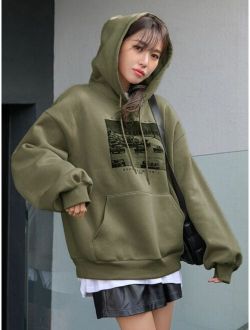 Letter & Car Print Drop Shoulder Drawstring Thermal Hoodie Without Tee