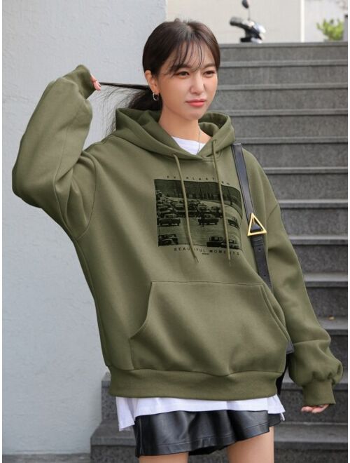 DAZY Letter & Car Print Drop Shoulder Drawstring Thermal Hoodie Without Tee