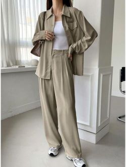 Button Front Shirt Fold Pleated Pants