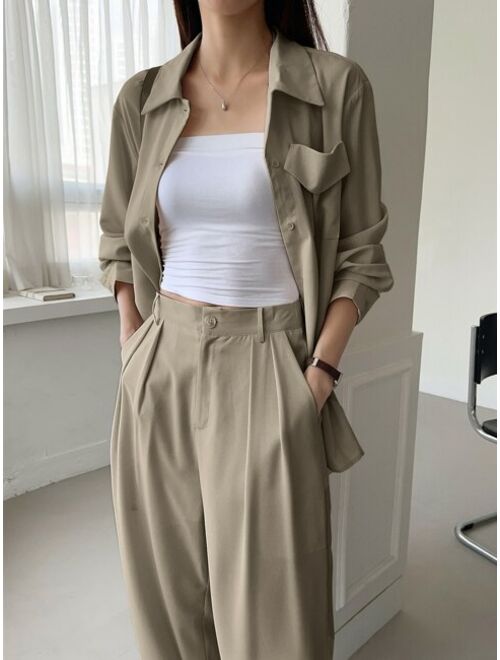 DAZY Button Front Shirt Fold Pleated Pants