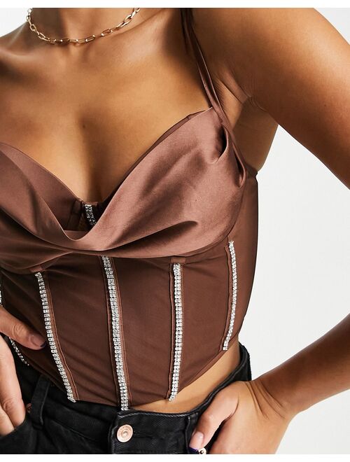 ASOS DESIGN stretch satin corset with diamante trim in chocolate