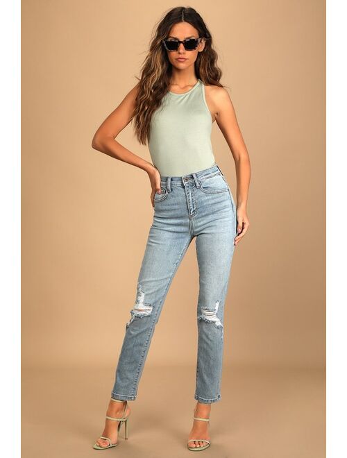 Lulus Number One Choice Light Wash Distressed High Rise Mom Jeans
