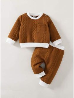 Baby Contrast Trim Patched Pocket Cable Knit Pullover & Sweatpants