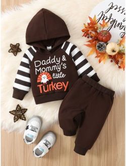 Baby Slogan And Striped Print Raglan Sleeve Hoodie & Sweatpants