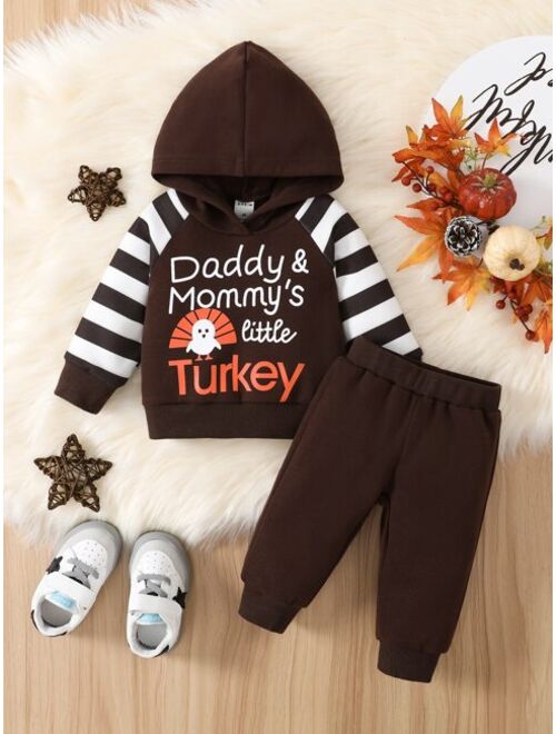 Shein Baby Slogan And Striped Print Raglan Sleeve Hoodie & Sweatpants