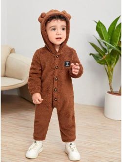 Baby Letter Patched 3D Ear Design Hooded Teddy Jumpsuit