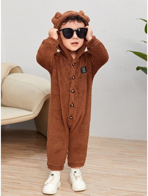 SHEIN Baby Letter Patched 3D Ear Design Hooded Teddy Jumpsuit