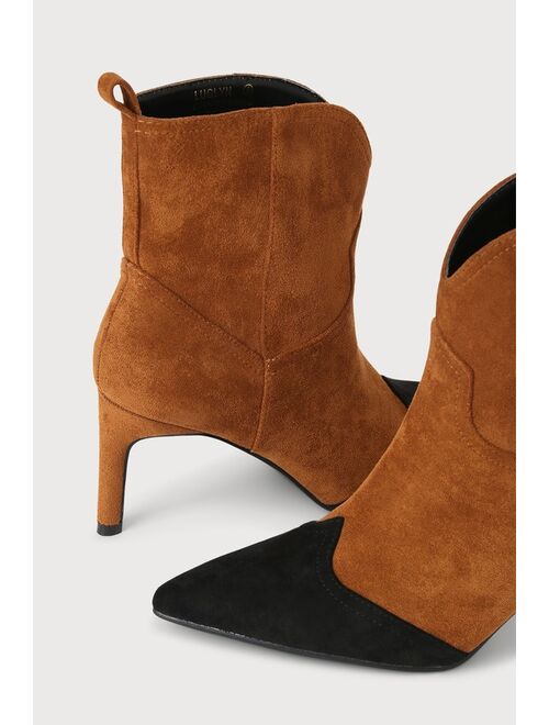 Lulus Luglyn Chestnut Color Block Suede Pointed-Toe Ankle Booties