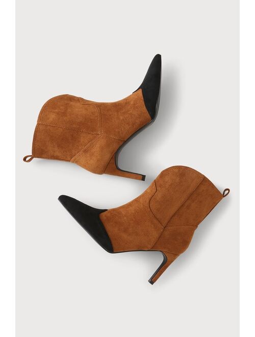 Lulus Luglyn Chestnut Color Block Suede Pointed-Toe Ankle Booties