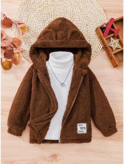 Toddler Boys 3D Ear Patched Zipper Hooded Teddy Jacket Without Sweater