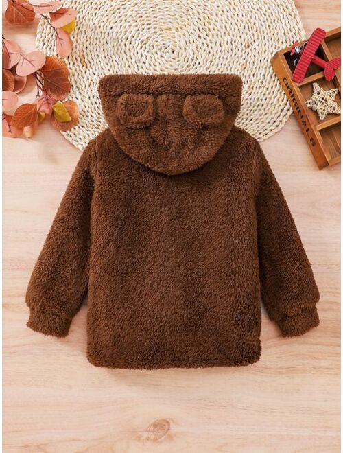 Shein Toddler Boys 3D Ear Patched Zipper Hooded Teddy Jacket Without Sweater