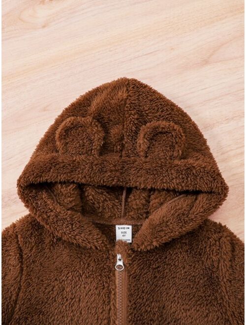 Shein Toddler Boys 3D Ear Patched Zipper Hooded Teddy Jacket Without Sweater