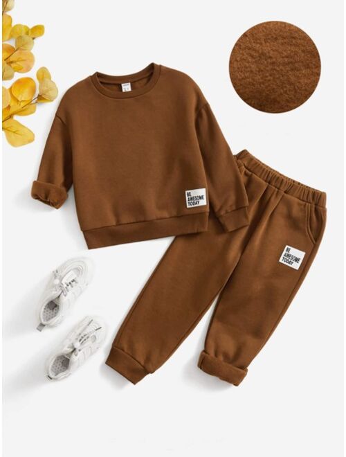 SHEIN Toddler Boys Patched Detail Drop Shoulder Thermal Pullover & Sweatpants