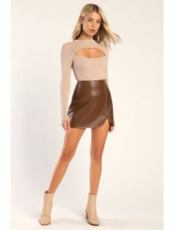 Meant to Stand Out Brown Vegan Leather Zip-Front Mini Skirt