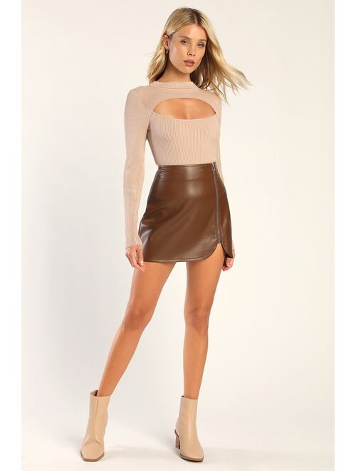 Lulus Meant to Stand Out Brown Vegan Leather Zip-Front Mini Skirt