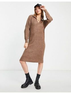 knitted collared maxi dress in brown