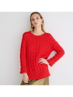 Cotton cable-knit side-slit crewneck sweater