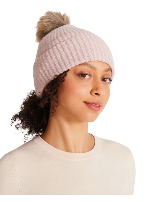 STEVE MADDEN Womens Solid Beanie With Faux Fur Pom, Created for Macy's