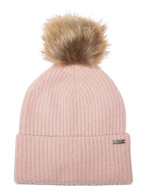 STEVE MADDEN Womens Solid Beanie With Faux Fur Pom, Created for Macy's