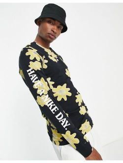 Statement floral print long sleeve t-shirt in black