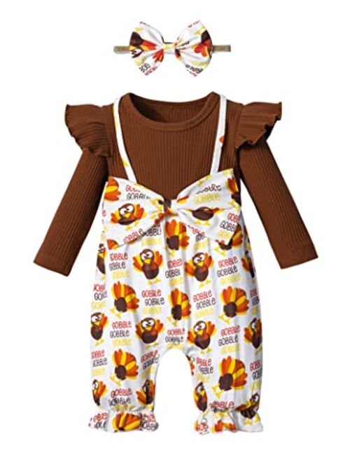 Tyesmo My First Thanksgiving Baby Girl Outfit Turkey Jumpsuit with Headband Thanksgiving Outfit Baby Girl Thanksgiving Outfit