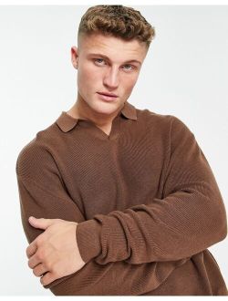 lightweight oversized rib sweater with notch neck in brown