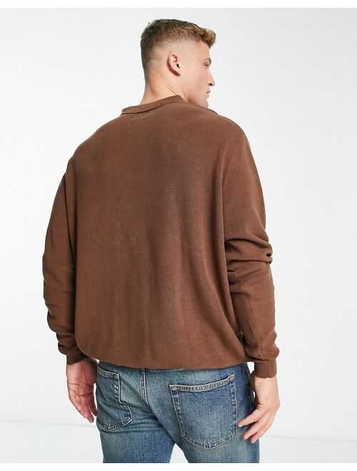 ASOS DESIGN lightweight oversized rib sweater with notch neck in brown