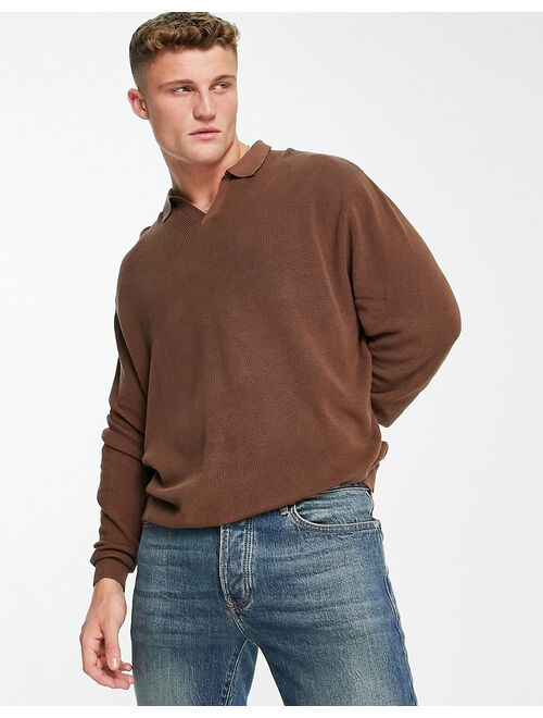 ASOS DESIGN lightweight oversized rib sweater with notch neck in brown