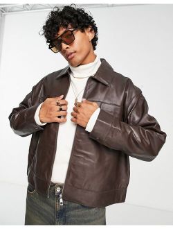 oversized cropped real leather harrington jacket in brown
