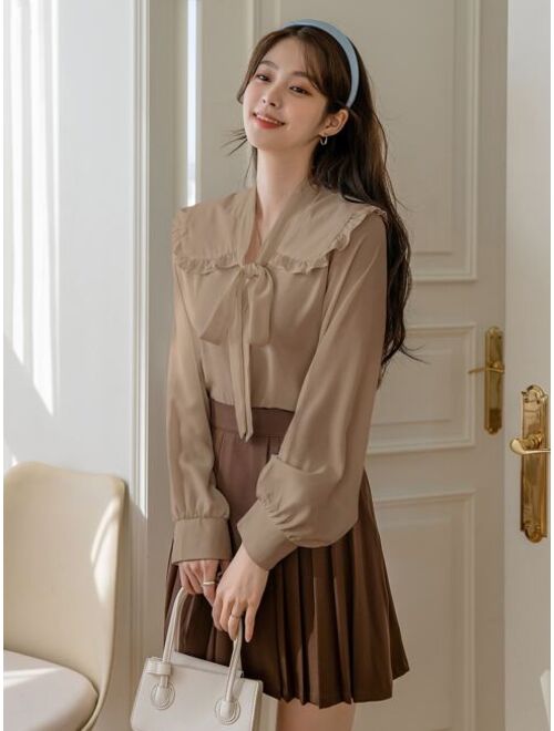 DAZY Statement Collar Frill Trim Knot Front Blouse