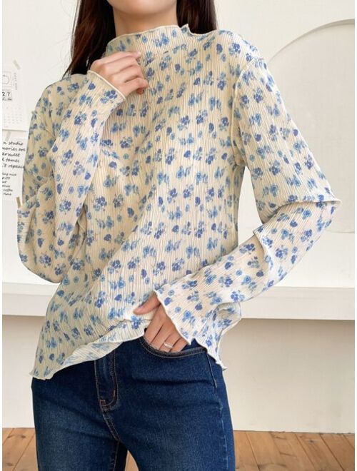 DAZY Ditsy Floral Print Lettuce Trim Blouse