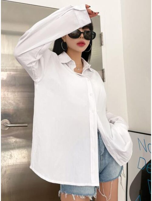 DAZY Solid Drop Shoulder Button Up Oversized Shirt