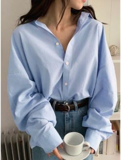 Solid Button Up Drop Shoulder Oversized Shirt