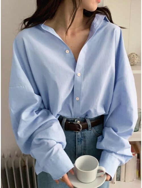 DAZY Solid Button Up Drop Shoulder Oversized Shirt