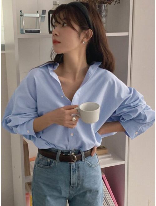 DAZY Solid Button Up Drop Shoulder Oversized Shirt