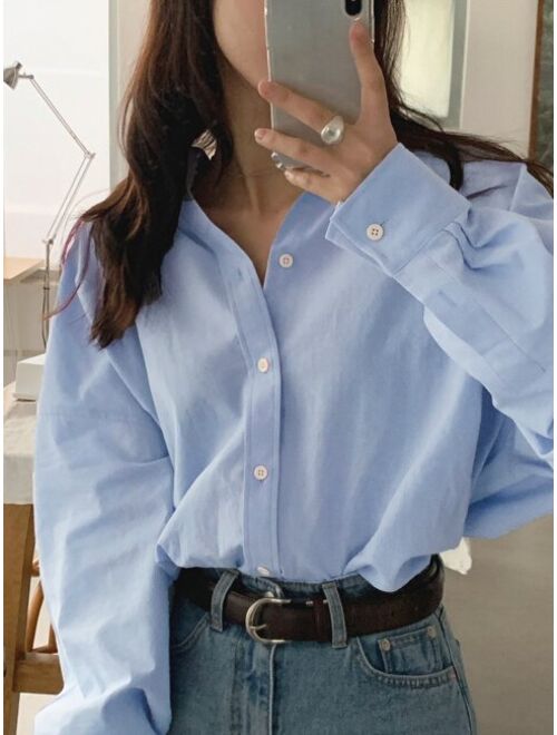 DAZY Solid Button Up Drop Shoulder Oversized Shirt