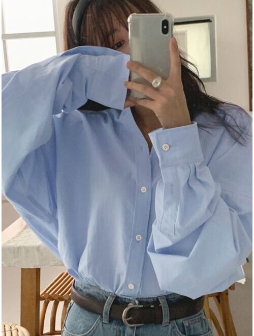 DAZY Solid Button Up Drop Shoulder Oversized Shirt