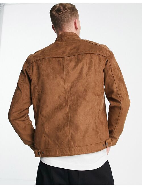 Jack & Jones Essentials biker jacket in faux suede tan