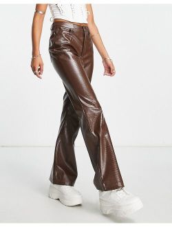 croc leather look flare pants in chocolate