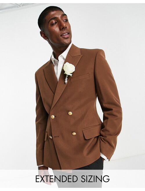 ASOS DESIGN wedding skinny double breasted blazer with gold buttons in chocolate brown