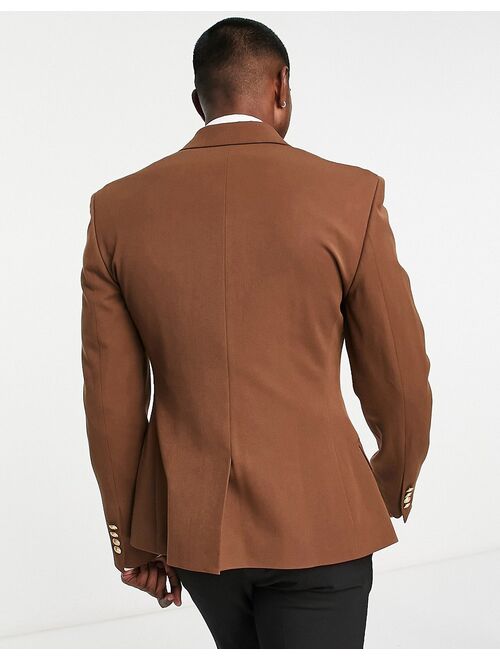 ASOS DESIGN wedding skinny double breasted blazer with gold buttons in chocolate brown