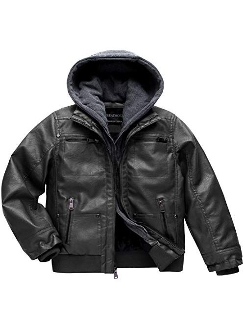 Creatmo Us Boy's Faux Leather Jacket Windproof Warm Winter Coat Kids Bomber Outerwear Waterproof PU Motorcycle Jacket