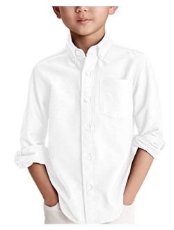 Simtuor Boys' Long Sleeve Dress Shirts Classic Collared Button-Down Tshirt Solid Cotton Top with Chest Pocket