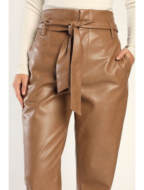 Lulus Chic Independence Tan Vegan Leather Paperbag Waist Trousers