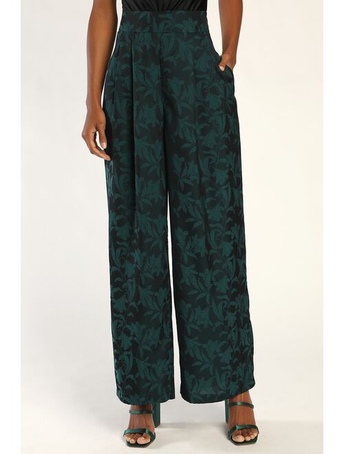 Lulus Lush Approach Emerald Green Floral Jacquard Satin Wide Leg Pants