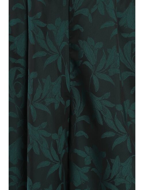 Lulus Lush Approach Emerald Green Floral Jacquard Satin Wide Leg Pants