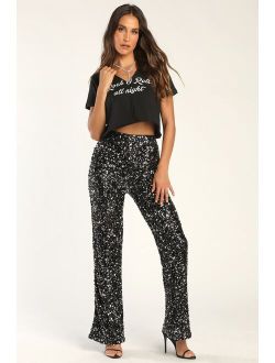 Glamorous Allure Black and Silver Sequin Sequin Flare Pants