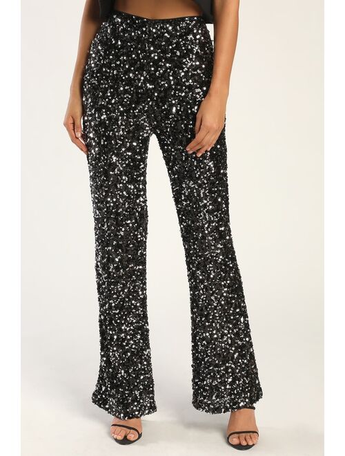 Lulus Glamorous Allure Black and Silver Sequin Sequin Flare Pants
